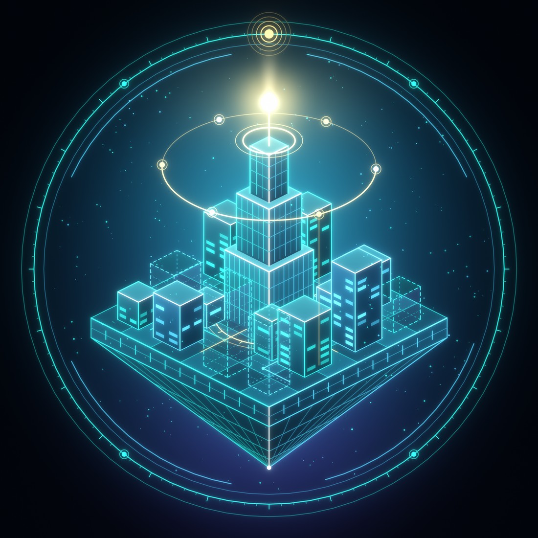 Isometric floating city with a gold-crowned central tower, some buildings built and some drawn as planned outlines, inside a thin ring of light