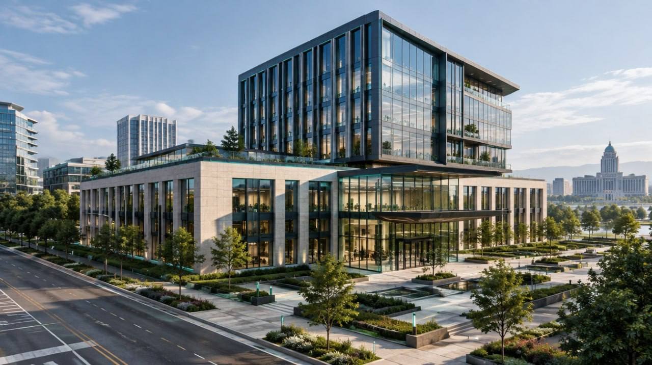 Concept rendering of a modern glass and stone headquarters building with landscaped plazas